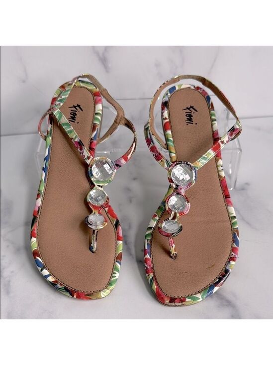 FIONI Clothing Shoes - Fioni Multicolored Floral Rhinestone Thong Flat Sandals Size 7